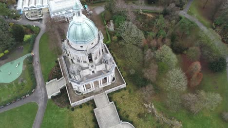 aerial view landmark historical copper dome building ashton memorial english countryside birdseye orbit right