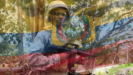 animación de un soldado con una bandera ecuatoriana ondeando