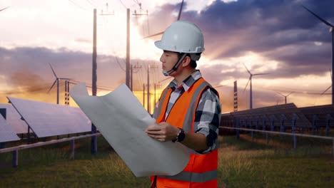 side view of asian male engineer with safety helmet looking at blueprint in his hands and looking around while standing with solar panel and wind turbines