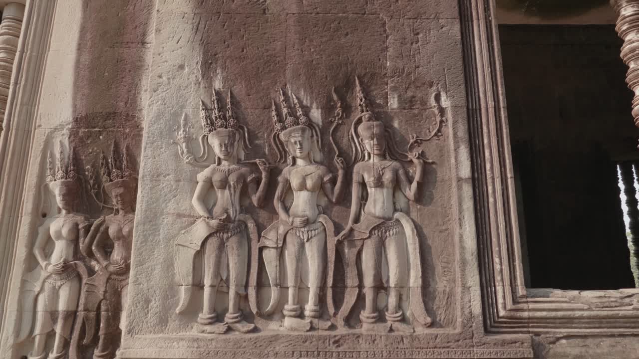 Three Women Carved Into A Wall Inside The Temple Angkor Wat. 4K