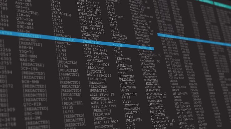 Animation of data processing on gray and blue computer screen