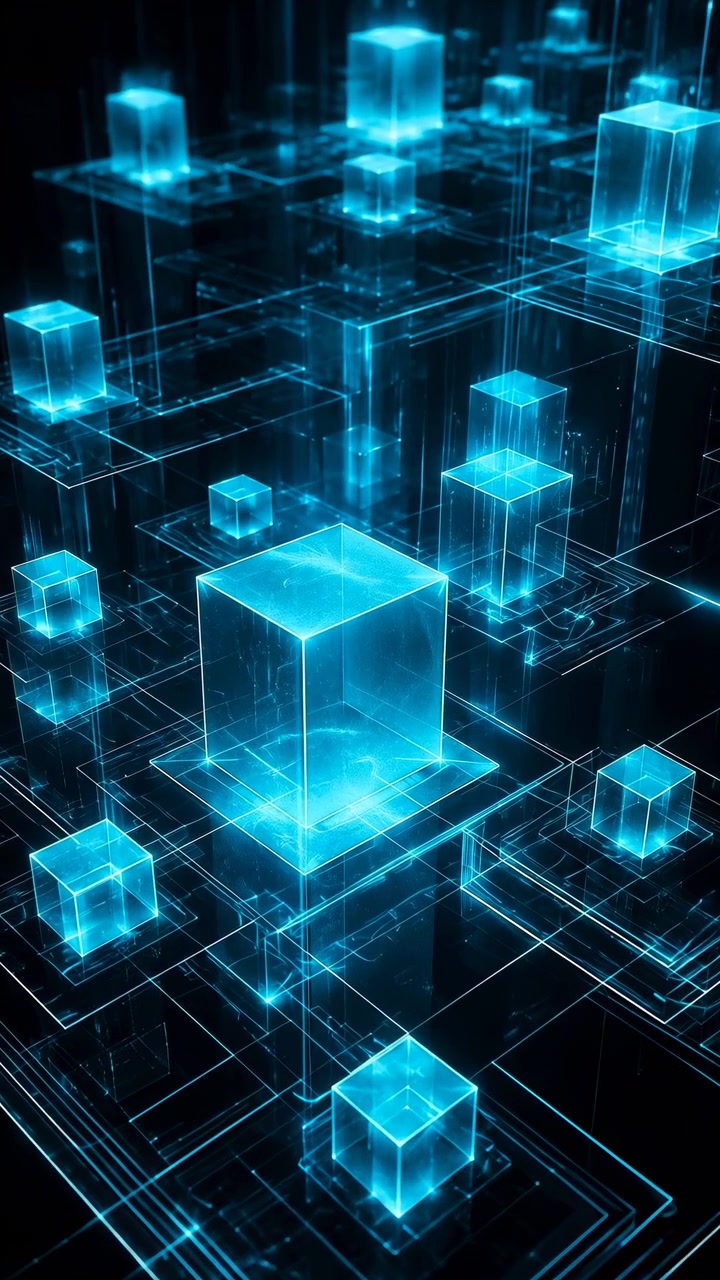 Forward motion carries the view through translucent blue cubes, bringing a large central cube closer while glowing grid lines and smaller forms drift across the dark layered composition.