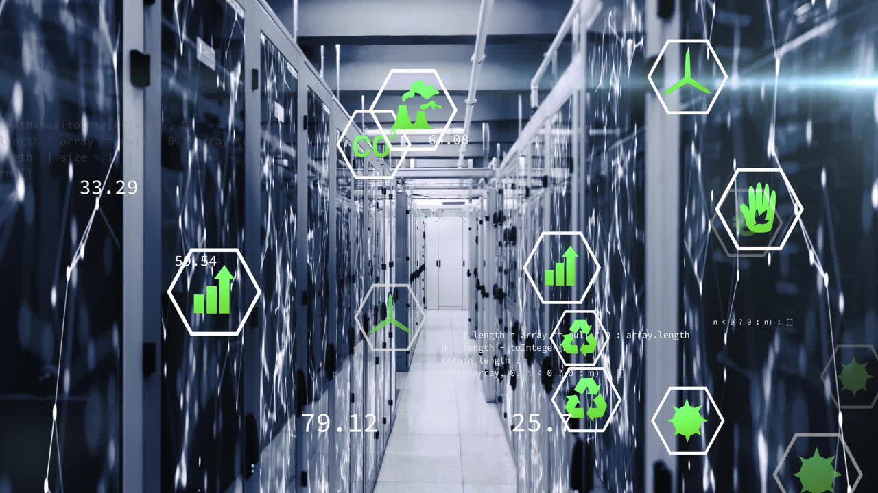 animación de iconos ecológicos y procesamiento de datos digitales a través de servidores informáticos