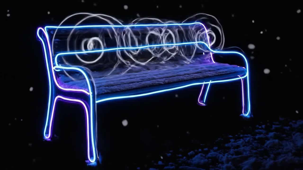 Glowing Neon Bench with Falling Snow and Light Trails at Night