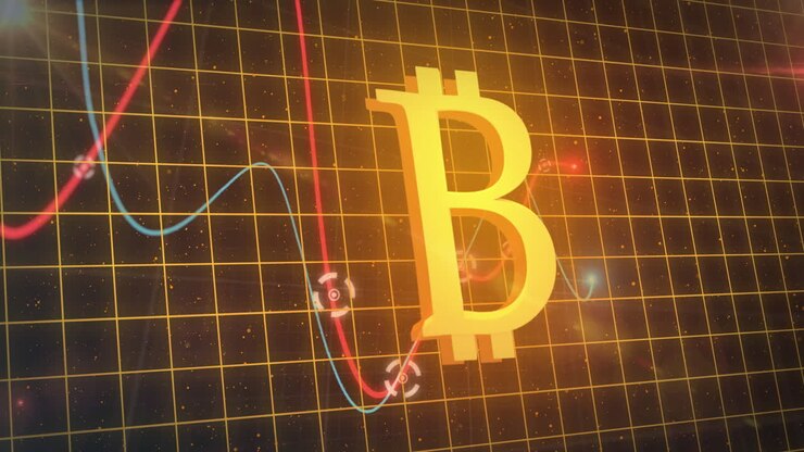 Animazione di elaborazione dati finanziari con simbolo Bitcoin luminoso su griglia