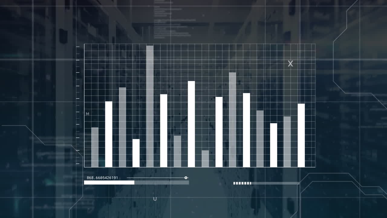 animación de la interfaz con el procesamiento de datos estadísticos contra la sala de servidores informáticos