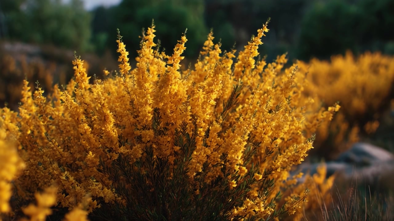 Vibrant and Lush Yellow Flowering Bush in the Landscape Captured in Natural Light, Showcasing Its Blossoms and Surrounding Greenery in a Beautiful Setting