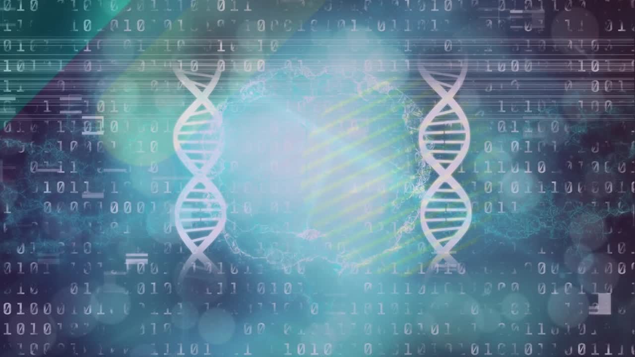 Animation of dna over binary code and brain on navy background