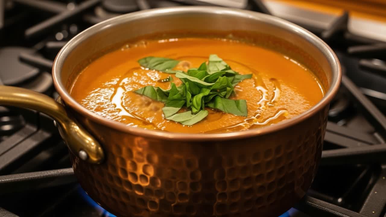 A Rich, Creamy Sauce Simmering in a Copper Pot, Garnished with Fresh Basil Leaves, Perfect for Enhancing Your Culinary Creations and Dishes