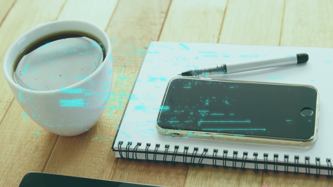 animación del candado y procesamiento de datos a través de un teléfono inteligente y una taza de café.