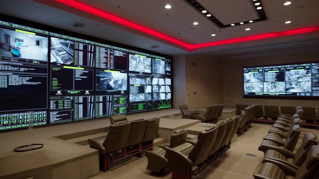 Ampia vista interna di una moderna sala di monitoraggio con sedie vuote in pelle marrone, molteplici schermi a parete e illuminazione rossa a soffitto che crea un'atmosfera elegante e high-tech