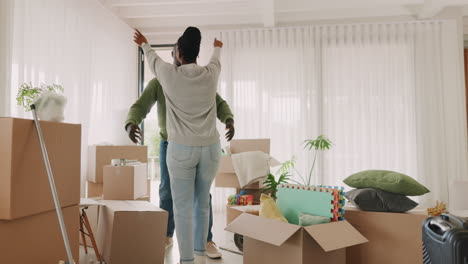 Hug,-happy-couple-and-celebrate-moving-house