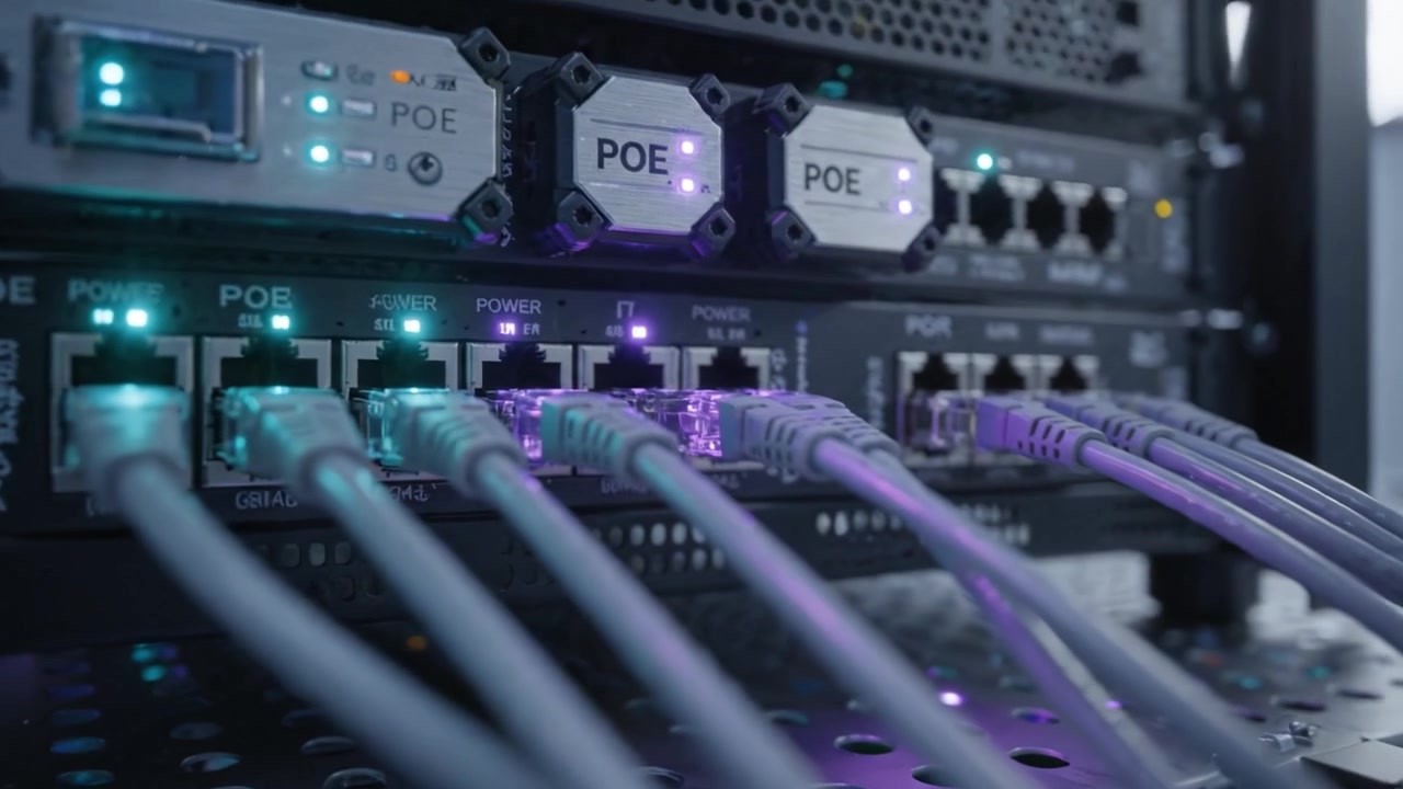 Close-up View of Network Server Racks with Illuminated Connections and Cables in a Modern Data Center Environment Captured During High-Tech Operations