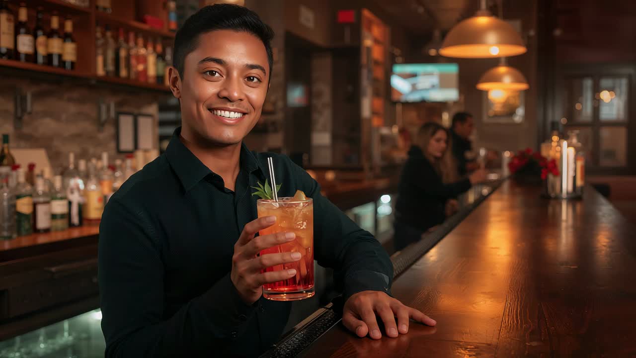 Lifting bartender in dark shirt holding garnished cocktail at bar, serving patrons, camera rolling