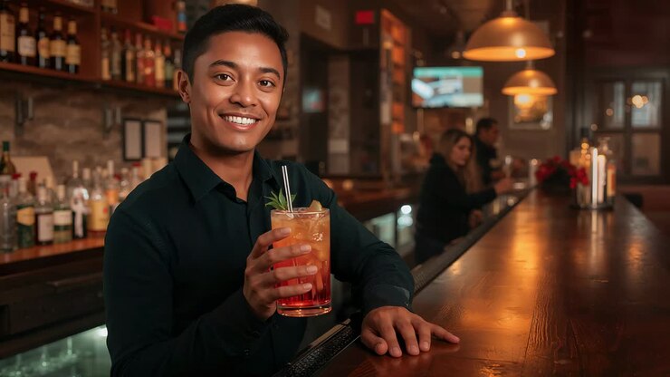 Lifting bartender in dark shirt holding garnished cocktail at bar, serving patrons, camera rolling