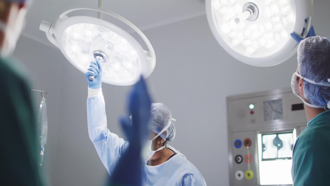 Video de diversos asistentes quirúrgicos, masculinos y femeninos, ajustando las luces en un quirófano