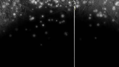 Animation-of-snow-falling-over-microphone-on-dark-background