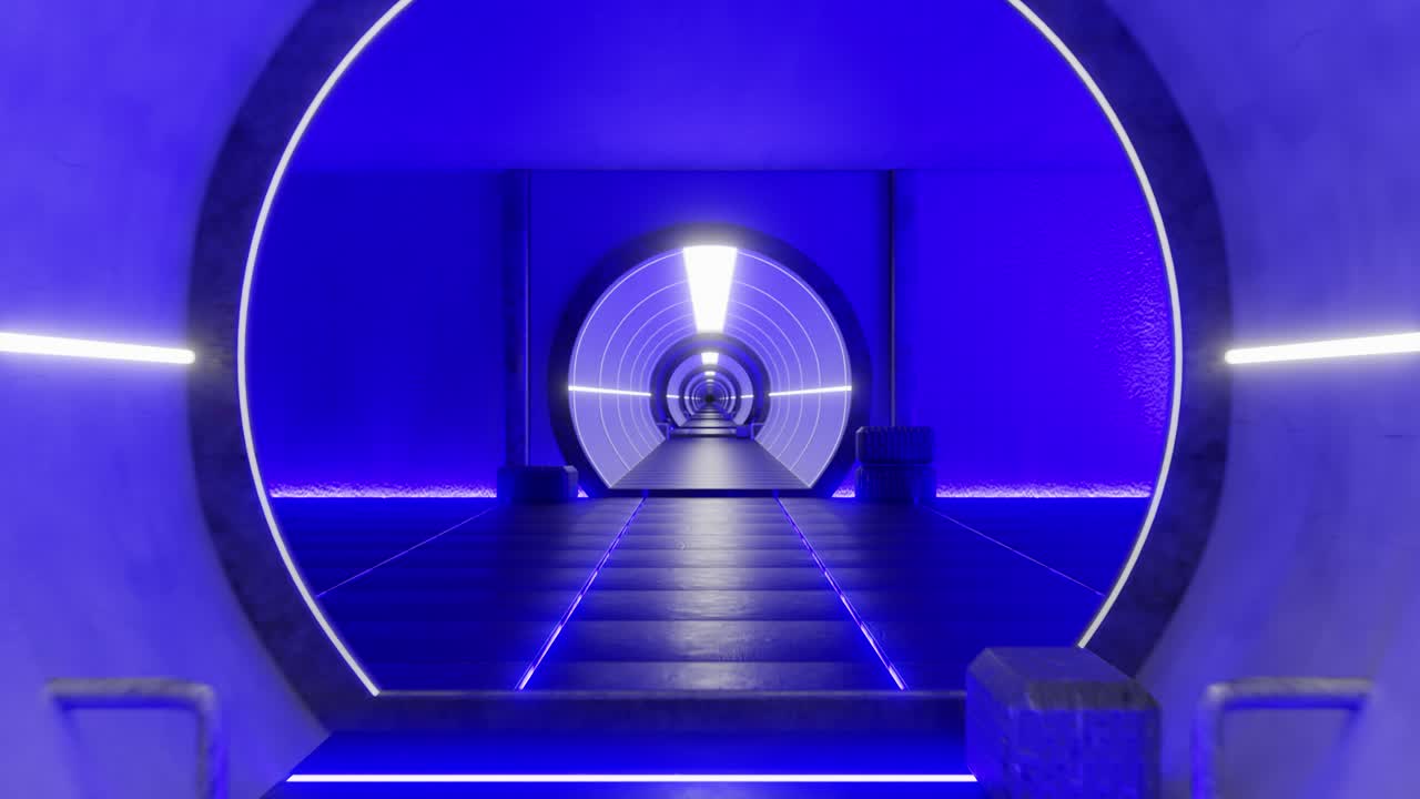 3D animation of futuristic tunnel sci-fi spaceship corridor with color neon light