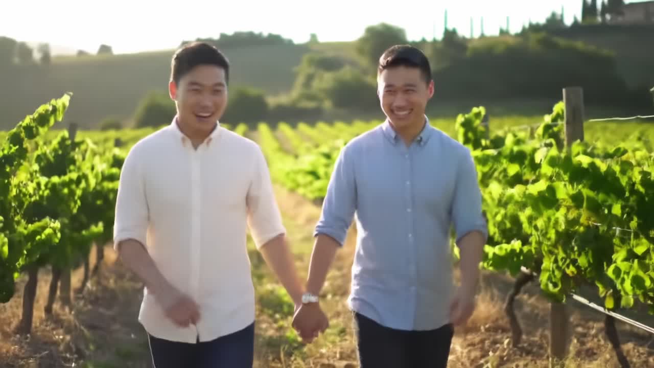 A Joyful Stroll Through a Beautiful Vineyard: Two Friends Enjoying Nature and Each Other's Company Amidst Lush Green Grapevines