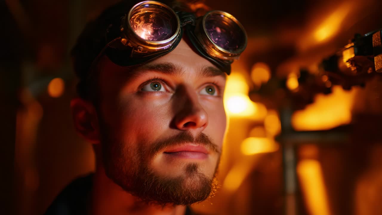 A Thoughtful Gaze: A Man in Vintage Goggles Stares Intently into the Abyss of a Dimly Lit Industrial Space, Illuminated by Warm Orange Tones, Capturing a Moment of Reflection and Curiosity