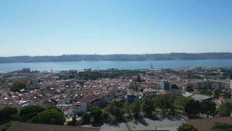 Aerial-wide-drone-shot-of-the-city-of-Cascais-in-Portugal-during-a-sunny-day