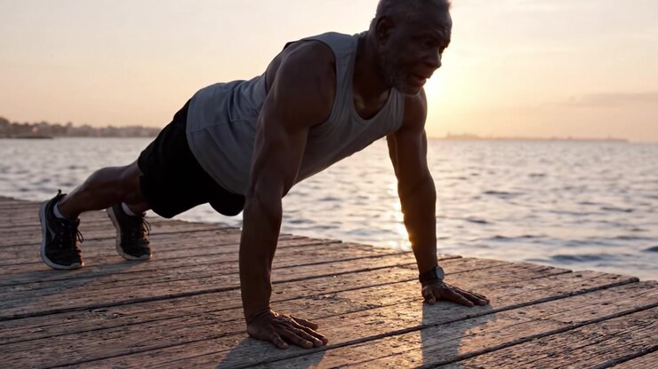 Sunset Strength: A Resilient Individual Engages in Push-Ups on the Waterfront, Embracing Fitness and Nature's Beauty in Vibrant Golden Hour Light