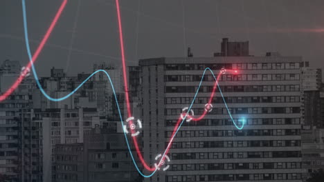 neon statistical data processing against tall buildings in the city