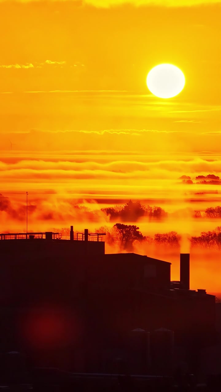 Silhueta de Usina Industrial Emitindo Fumaça ao Pôr do Sol Dourado, vertical