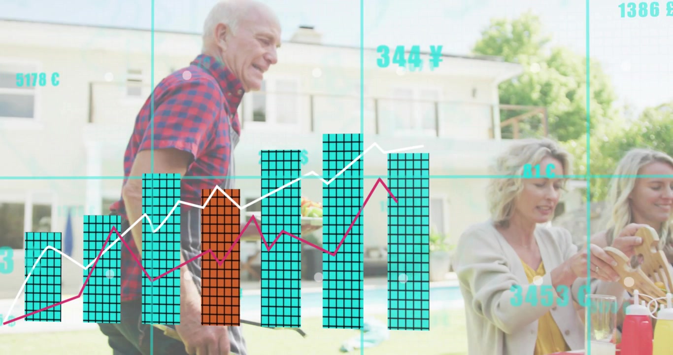 Eldre mann kommer ut av huset bærende et brett, søyle- og linjediagrammer visualiserer €$¥£ som skifter over spiseområdet.