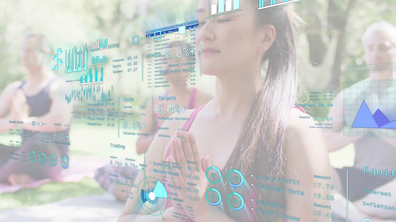 Center woman holding prayer hands while camera panning revealing holo health gauges tracking breath