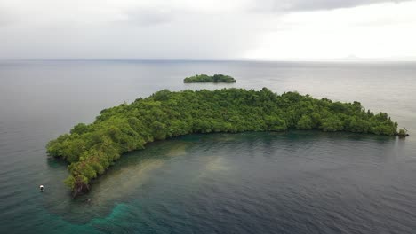 aerial shot over a small islet full of lush, green jungle