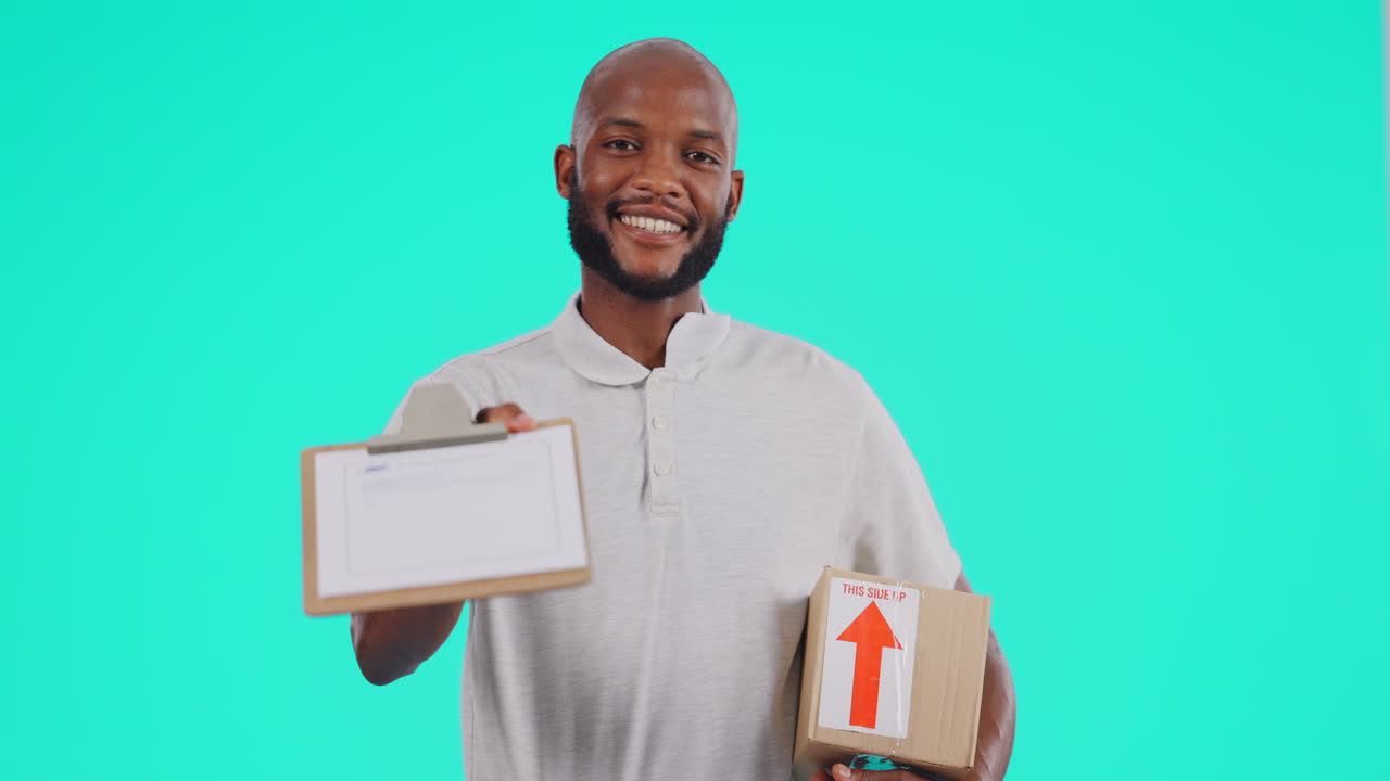 Portrait, delivery and document with a black man