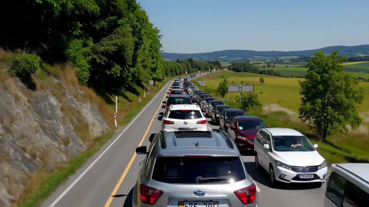 Largo atasco de tráfico en una carretera rural en un día soleado