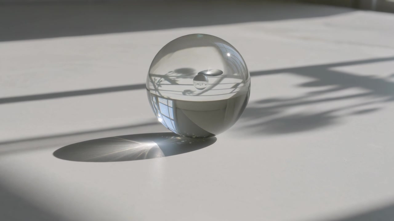 Turning glass orb shifting pane and plant views on pale table, sunlight shifting caustic highlight