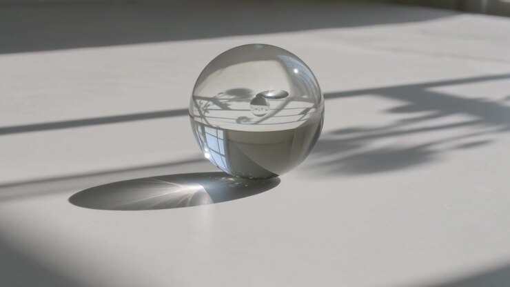 Turning glass orb shifting pane and plant views on pale table, sunlight shifting caustic highlight