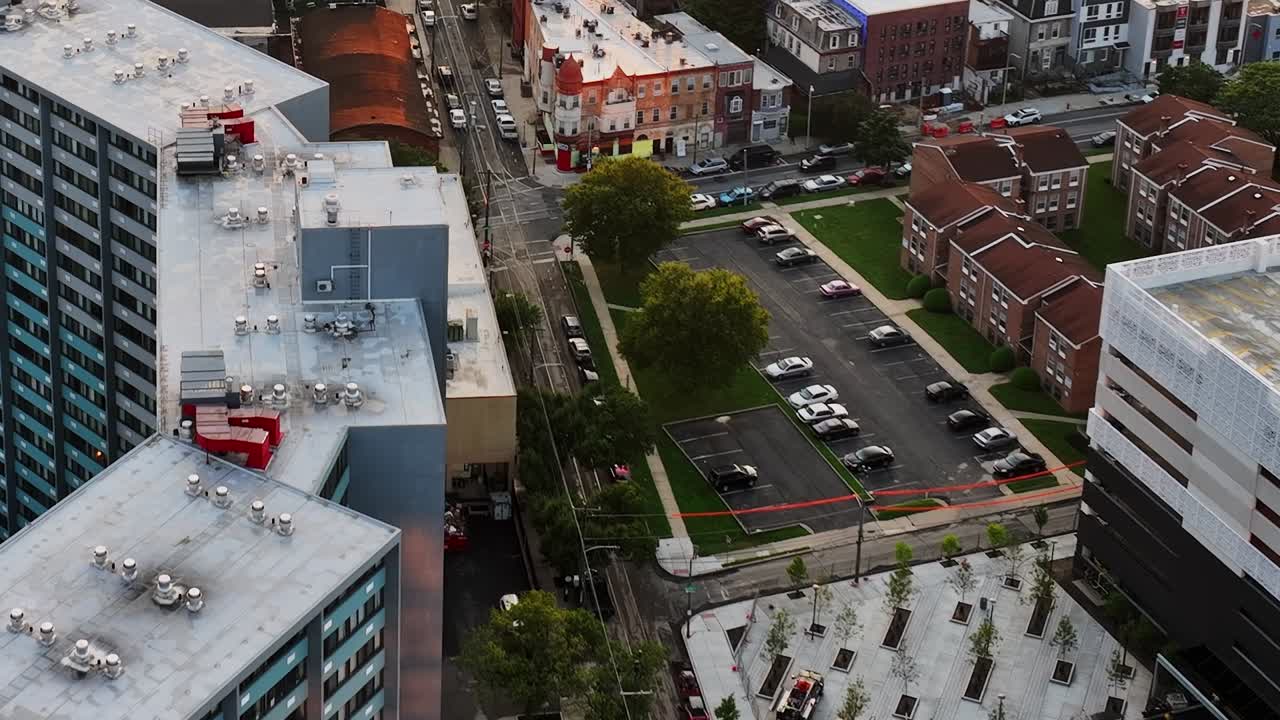 Construction activity and urban development in aerial view of Philadelphia
