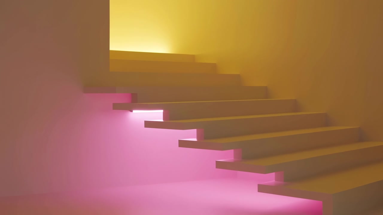Empty modern staircase with floating steps lit by soft pink underlighting and a warm hazy background, creating a calm atmospheric interior scene
