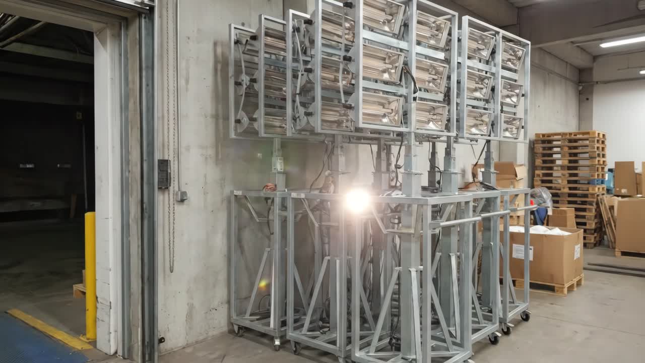 Riscaldatori a infrarossi industriali in funzione in un magazzino