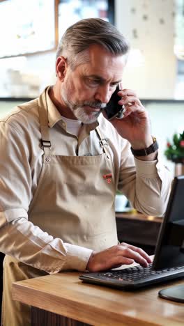 cafe owner taking a phone order in her shop.