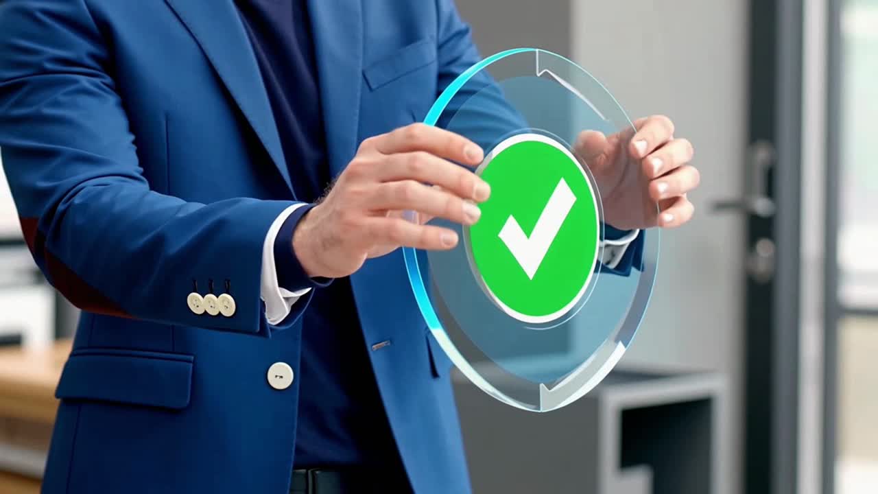 Businessman Interacting with a Futuristic Hologram of a Green Check Mark