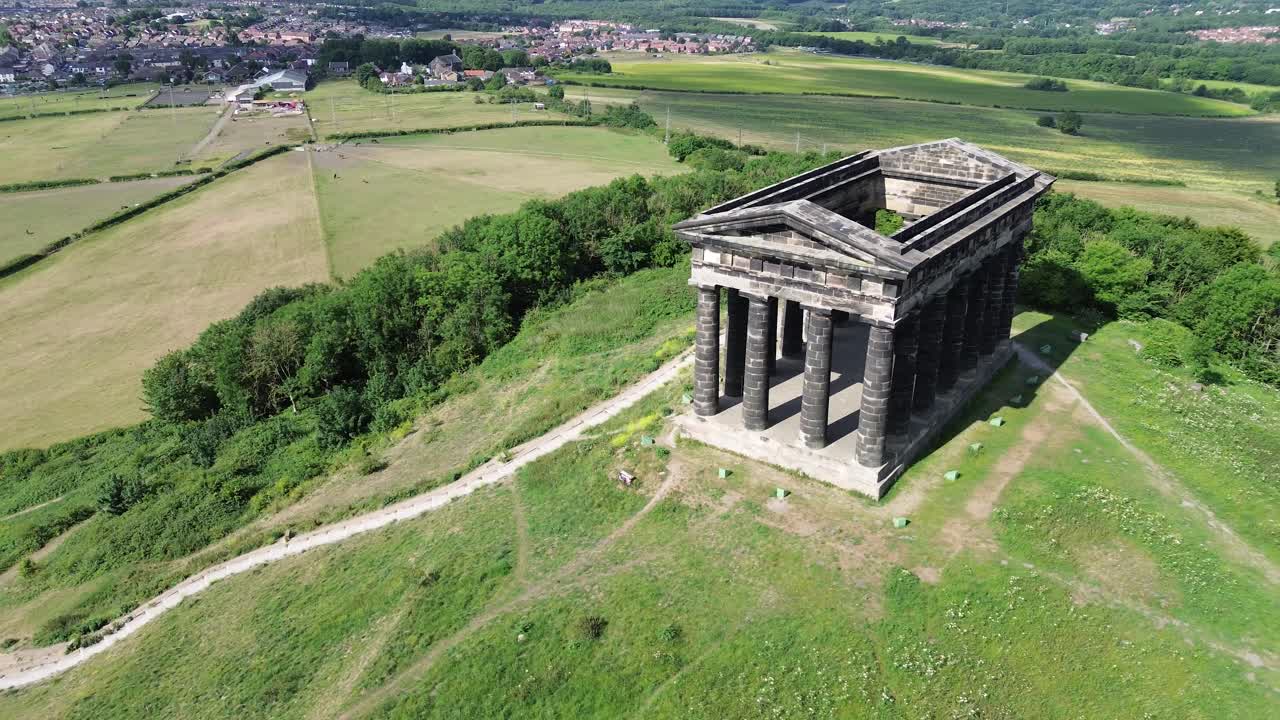 Aerial of Ancient Greek style Penshaw Monument in countryside landscape. Sunderland, UK