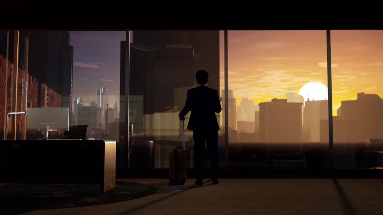 hombre de negocios viendo el amanecer desde la ventana de la oficina con una maleta