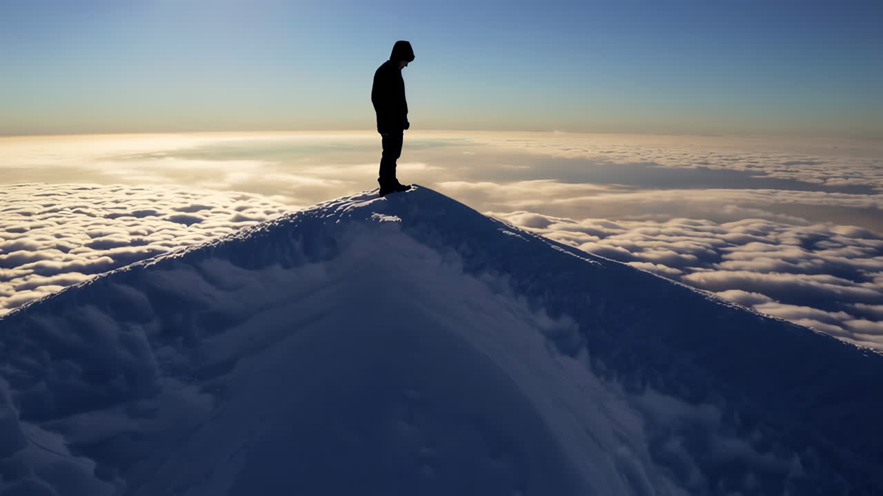 Man Standing on a Snowy Mountain Peak Above Clouds