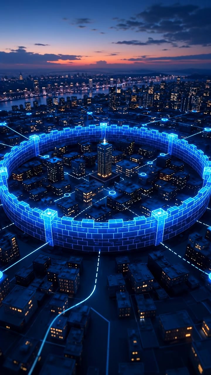 Vista obliqua elevata di una barriera circolare luminosa blu neon che racchiude un isolato urbano centrale, con un motivo a mattoni luminescenti, torri circostanti, strade a griglia, finestre riflettenti e uno skyline al crepuscolo.