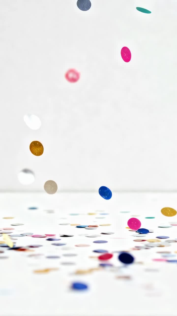 Video verticale: Dischetti di coriandoli che cadono e si depositano su una superficie bianca dopo essere stati rilasciati dall'alto.