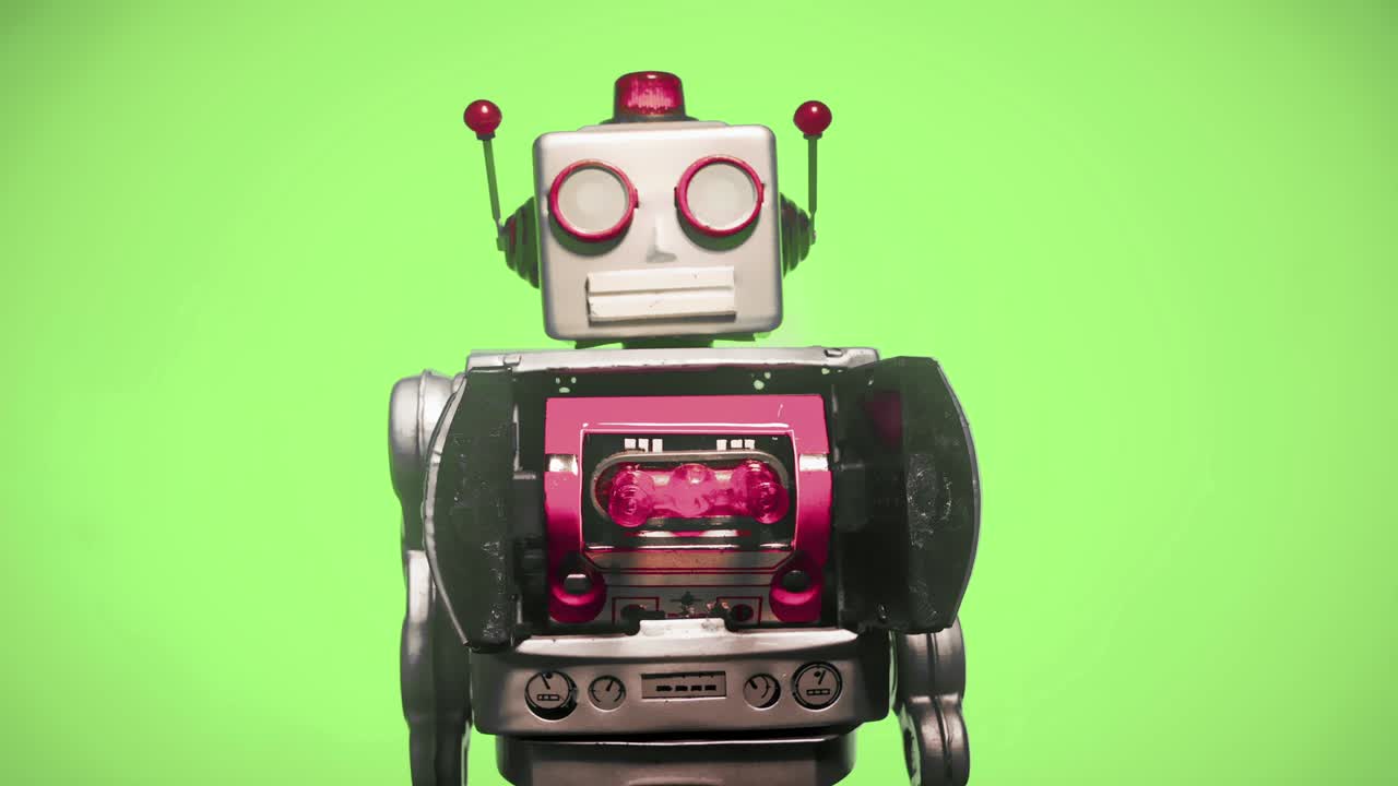 un robot retro con la testa che gira a sinistra e poi a destra