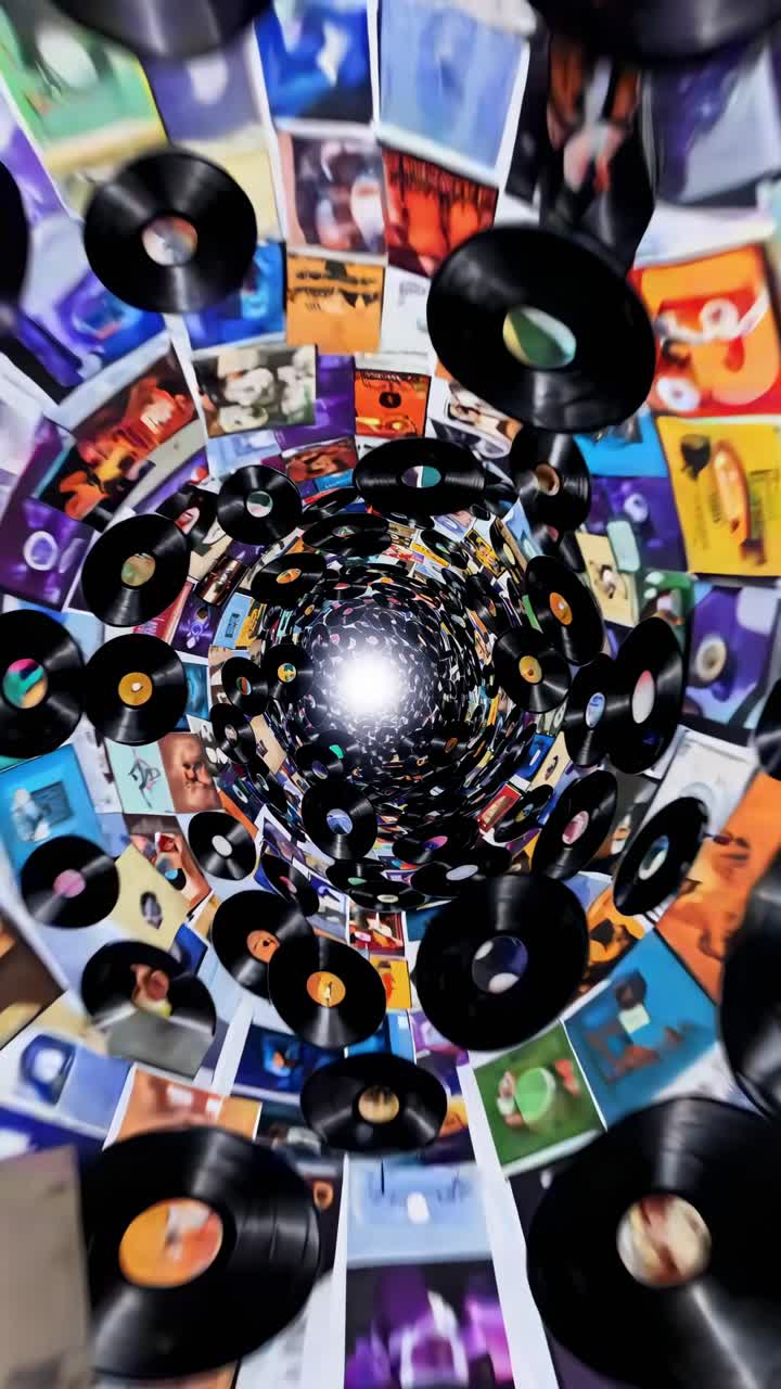 Vinyl records with their colorful covers are flying in a vortex, creating a tunnel with a bright light at the end, symbolizing a journey through music history or the overwhelming power of music