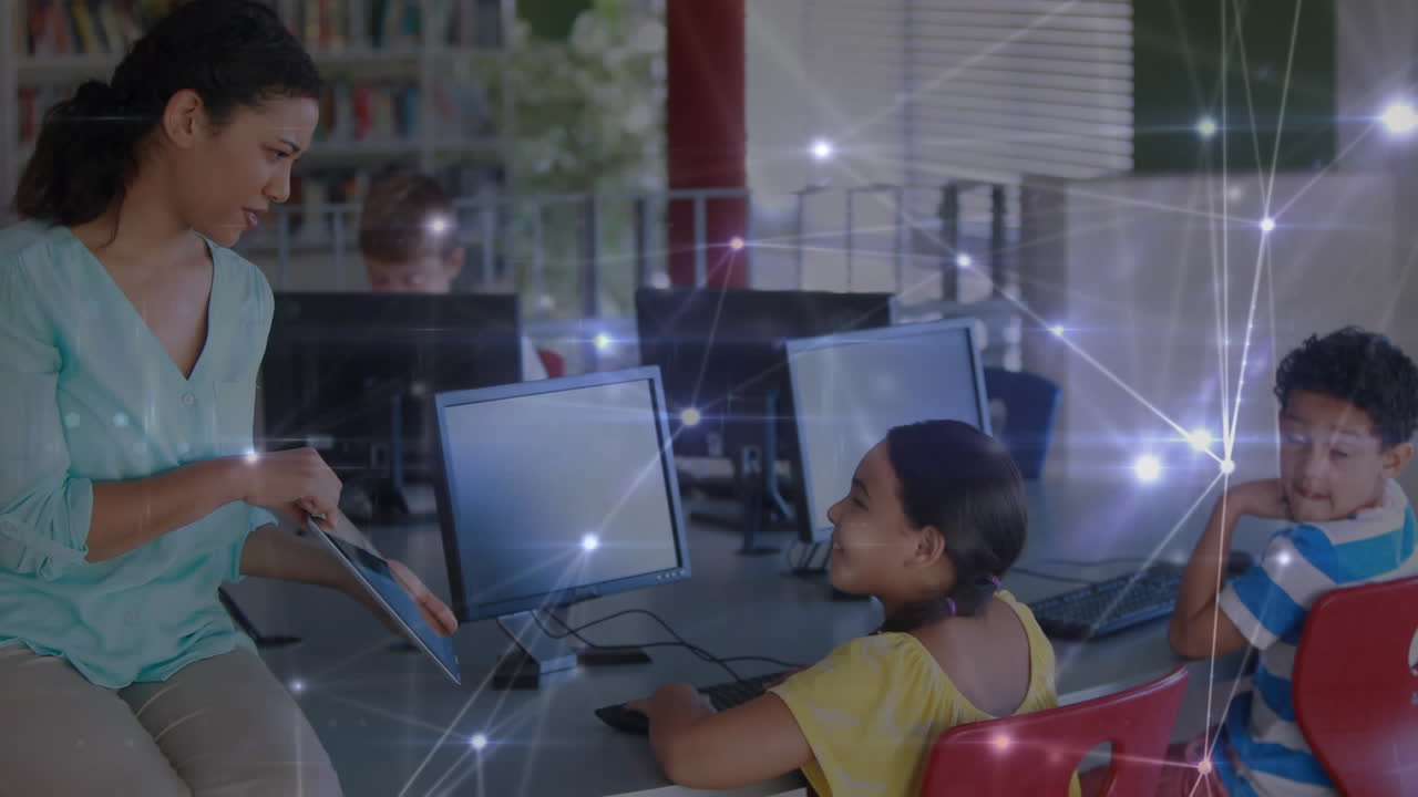 animación de la red de conexiones a través de escolares que utilizan computadoras