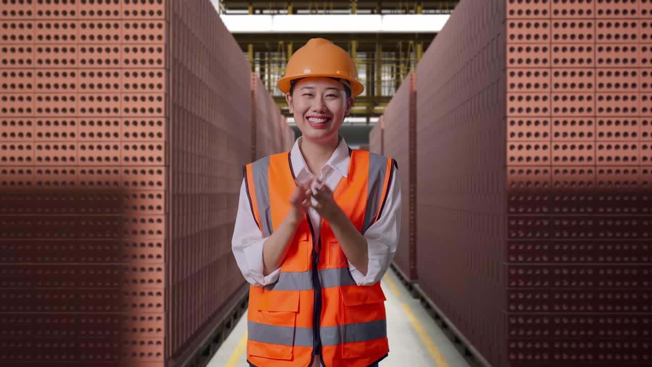 Asian Female Engineer With Safety Helmet Smiling And Clapping Her Hands While Standing With Red Brick Packed in Stacks Are Stored