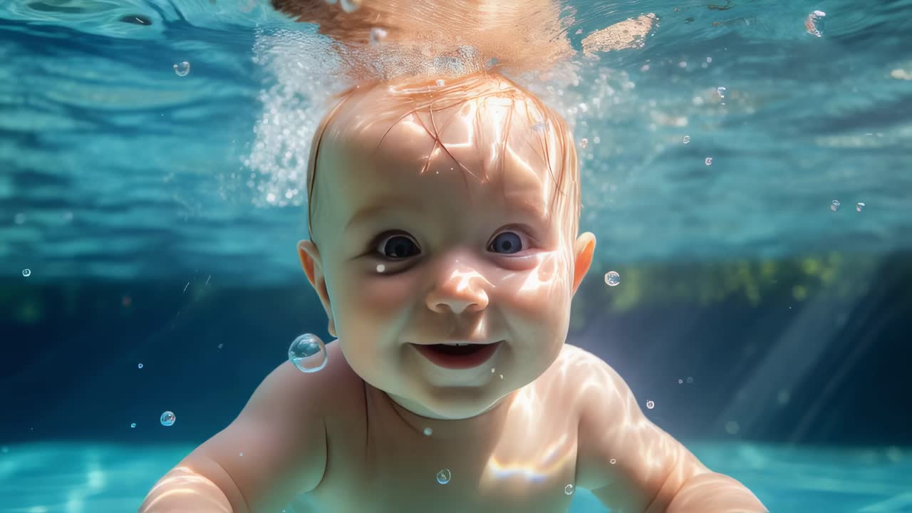 Cute baby swimming underwater in a sparkling pool, smiling and playing with bubbles, delighting in a refreshing summer bath filled with joy and carefree fun